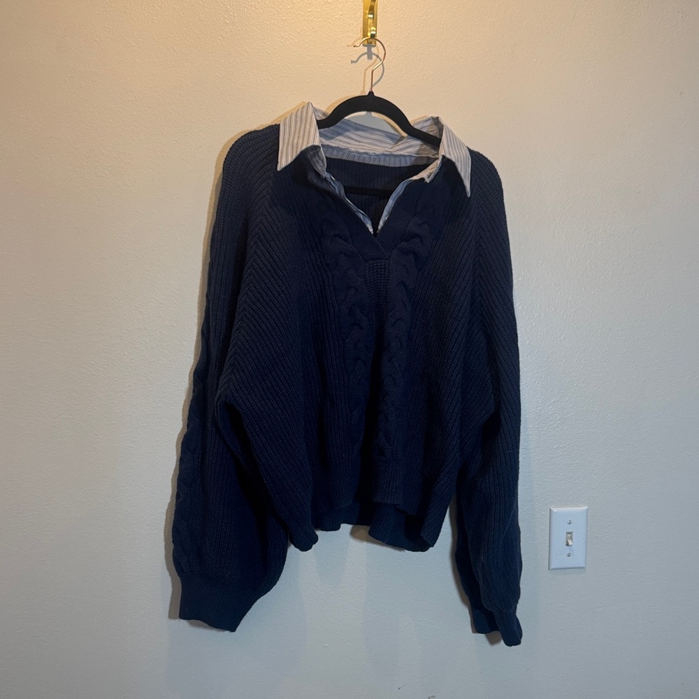 Navy Blue Cable Knit Sweater with Collar